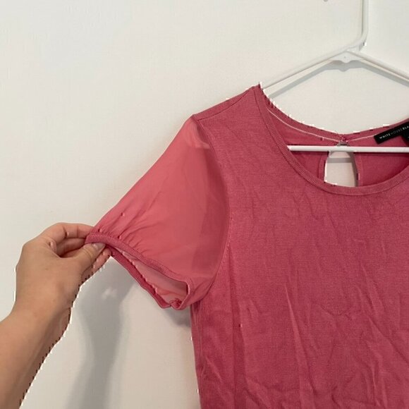 WHITE HOUSE BLACK MARKET WHBM Woven Short Sleeve Top Pink Mixed Media Knit Work - Picture 7 of 14